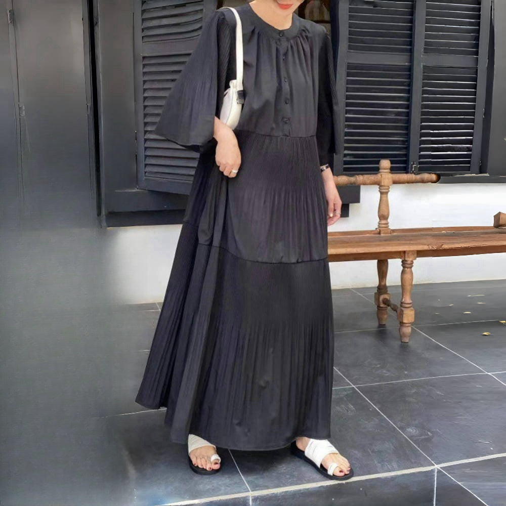 【ワンピース】夏 プリーツ 切り替え 大振裾 半袖 ワンピース