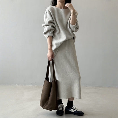 【セットアップ】春 秋 冬 ラウンドネック セーター + 着痩せ効果 スカート 2点上下セット 【SNシリーズ】