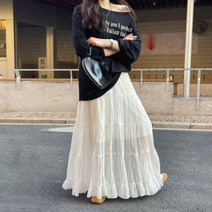 【ボトムス】春夏新作 レディース シフォンロングスカート ハイウエスト 体型カバー 切り替え ティアードスカート リゾート風【JZシリーズ】