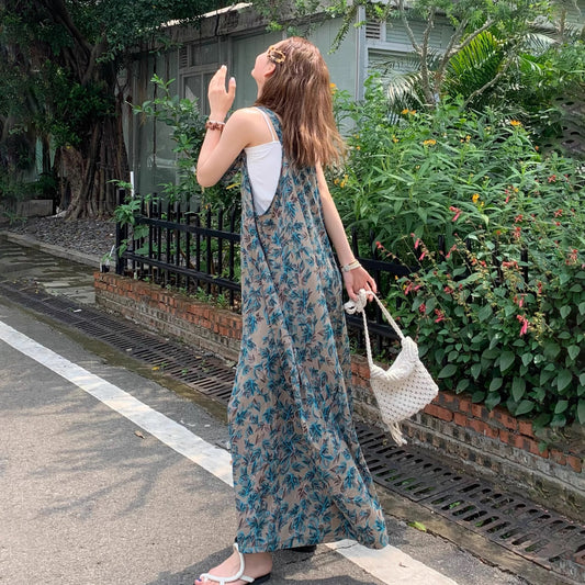 【ボトムス】夏新作 ナチュラルムード 青草プリント オーバーサイズサロペット ゆる感 オールインワン【SHシリーズ】