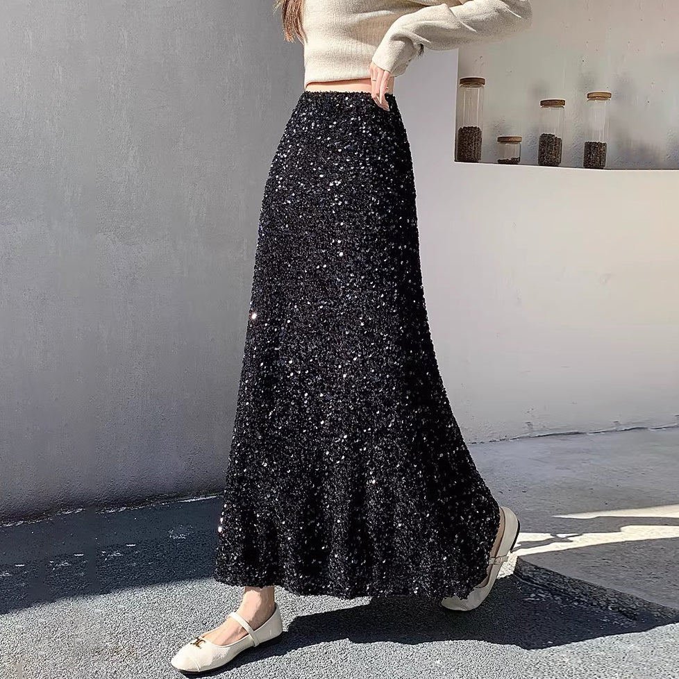 【ボトムス】ドレープ感ラメスカート レディース 秋冬 ハイウエスト Aライン ヒップカバー きれいめ ミディ丈【JZシリーズ】