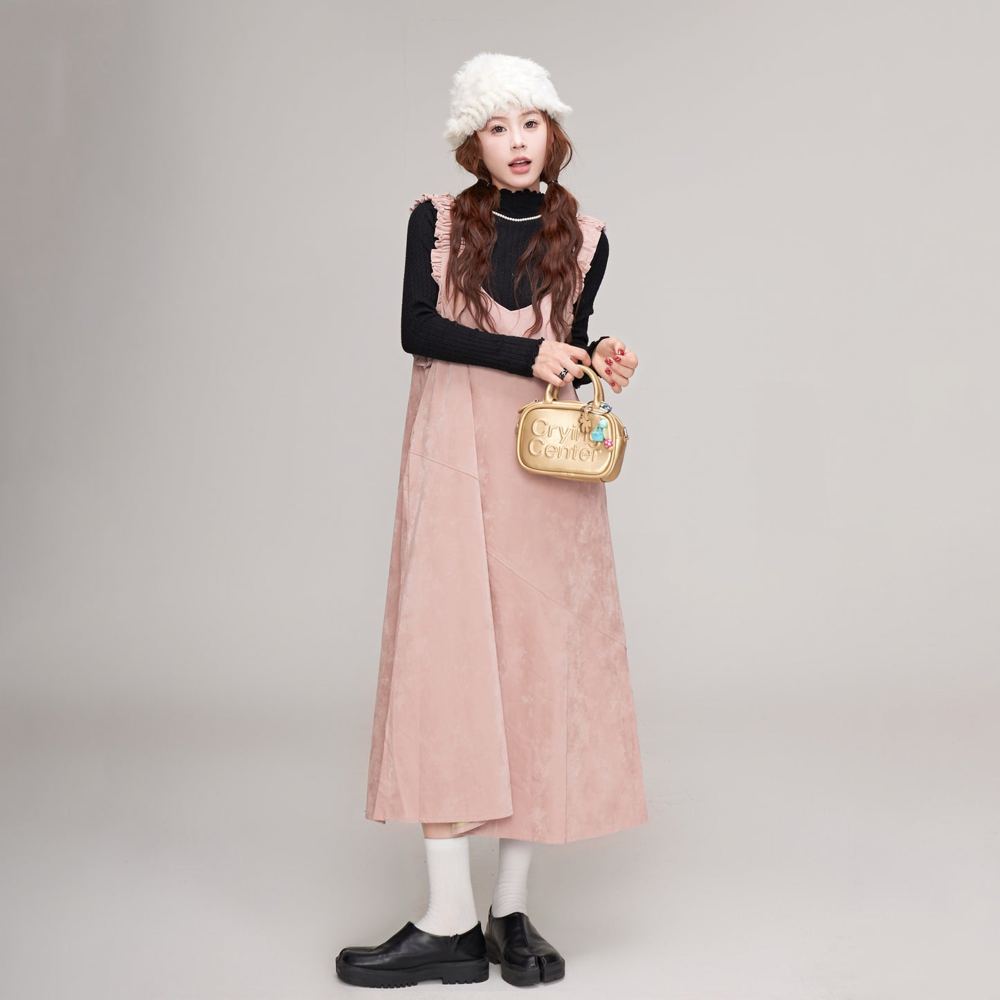 【ワンピース】秋冬 レディース 可愛い Vネックサロペットワンピ ピンク ゆったりノースリーブワンピース【JZシリーズ】