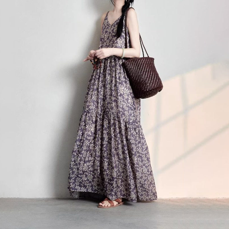 【ワンピース】花柄リネンワンピース レディース 夏 キャミワンピース ボヘミアン風 ノースリーブ ロング丈 リゾート【SHシリーズ】