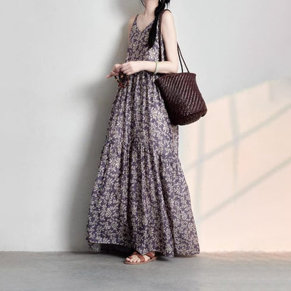 【ワンピース】花柄リネンワンピース レディース 夏 キャミワンピース ボヘミアン風 ノースリーブ ロング丈 リゾート【SHシリーズ】