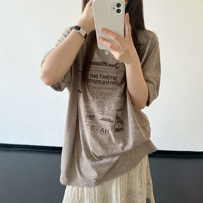 【トップス】ヴィンテージ風 Tシャツ レディース 夏 ミルクティーブラウン 半袖 レタープリント ダメージ加工 ルーズフィット ダークシック 人気【FCシリーズ】