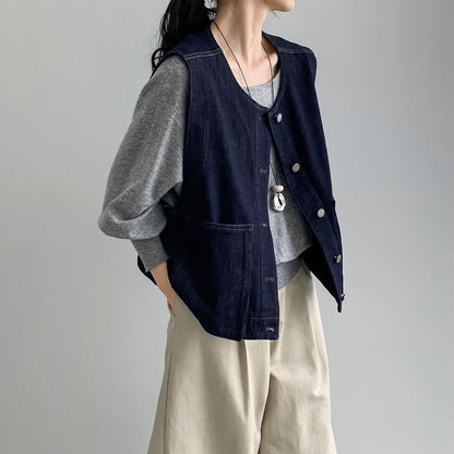 【トップス】レイヤードコーデ 秋 ヴィンテージデニムベスト レディース ポケット付き ゆったり カジュアル着回し ベストジャケット【JZシリーズ】
