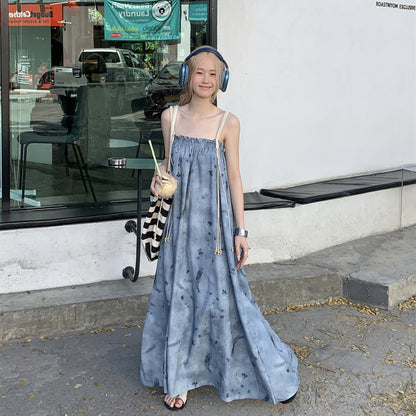 【ワンピース】夏新作 アート水墨画デザイン ゆったりカジュアル リラックスシルエット ノースリーブキャミワンピース【SHシリーズ】