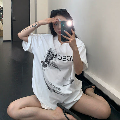 【トップス】Tシャツ レディース コットン100% プリントデザイン オーバーサイズ クルーネック 半袖 カジュアル【FCシリーズ】