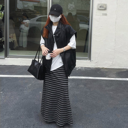 【ボトムス】レトロ ストライプ ニットスカート 初秋新作 ハイウエスト スリム見え Aラインスカート【SHシリーズ】