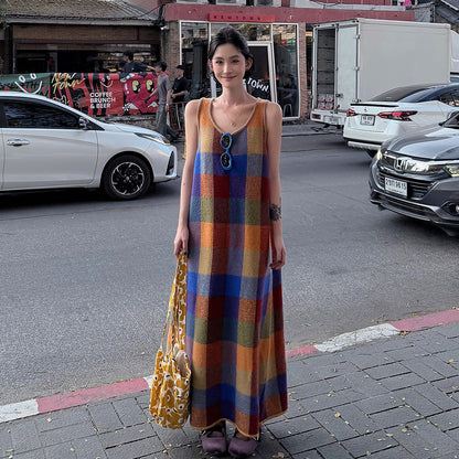 【ワンピース】カラフルチェック Uネックノースリーブオフショルダーワンピース レディース 夏新作 韓国風 ゆったりAラインロングドレス【SHシリーズ】