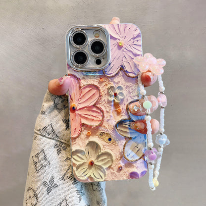 【グッズ】iPhone 16 Pro Max / 15 Pro / 13 / 13 PM  用 ブルーライトカット 油絵フラワー 韓国風 レディース 全面保護 レンズカバー付き 高級感 ストラップ付き 新作 スマホケース