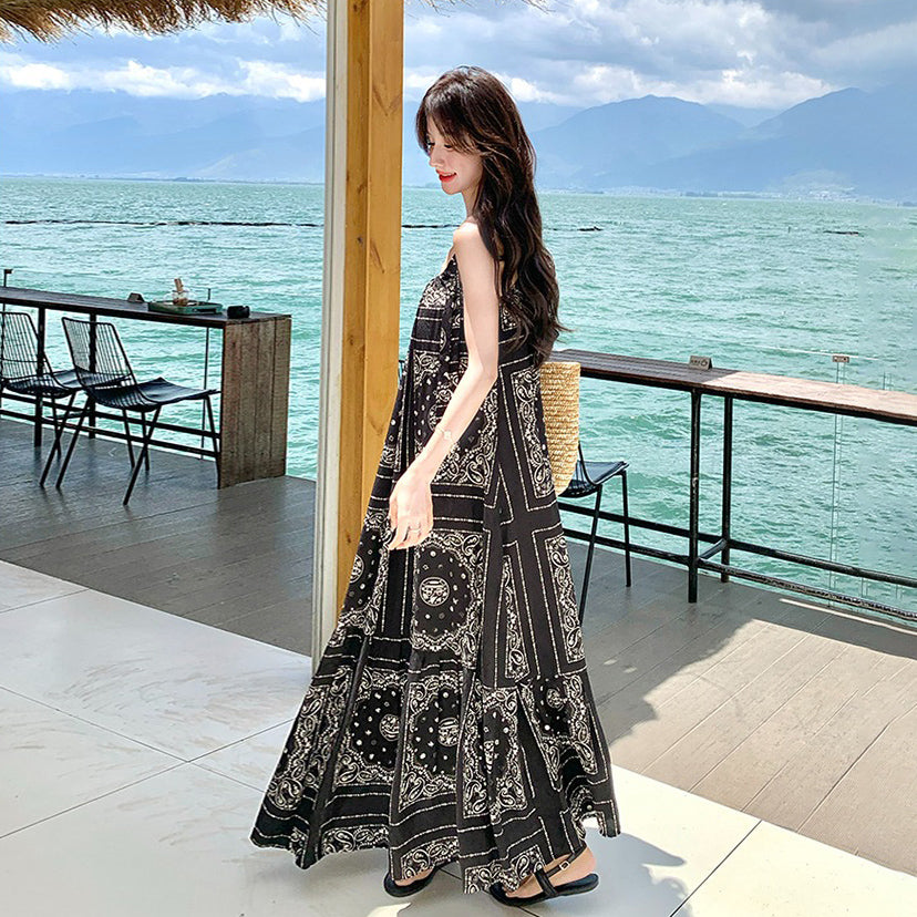 【ワンピース】フレンチヴィンテージ ボヘミアン ノースリーブワンピース 夏 高見え キャミソールロングドレス【SHシリーズ】