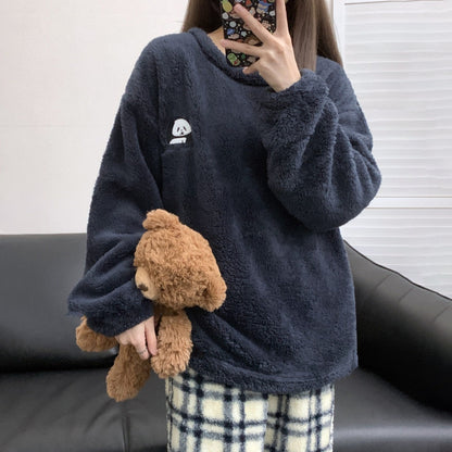 【インナー】チェック柄 パンダ コーラルフリース 厚手 保温 フランネル ルームウェア レディース/メンズ ペア対応 冬