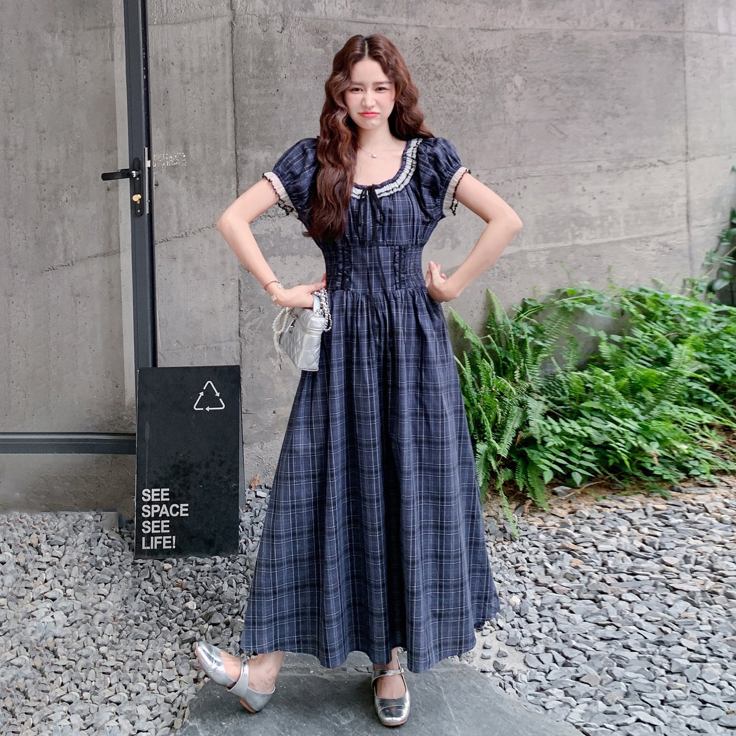 【ワンピース】レトロチェックワンピース レディース 夏 パフスリーブ ノースリーブ ロングワンピース 上品 フレンチ【JZシリーズ】