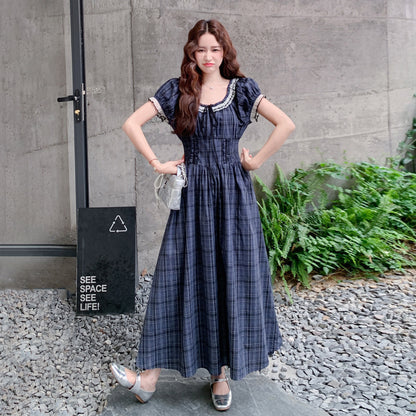【ワンピース】レトロチェックワンピース レディース 夏 パフスリーブ ノースリーブ ロングワンピース 上品 フレンチ【JZシリーズ】