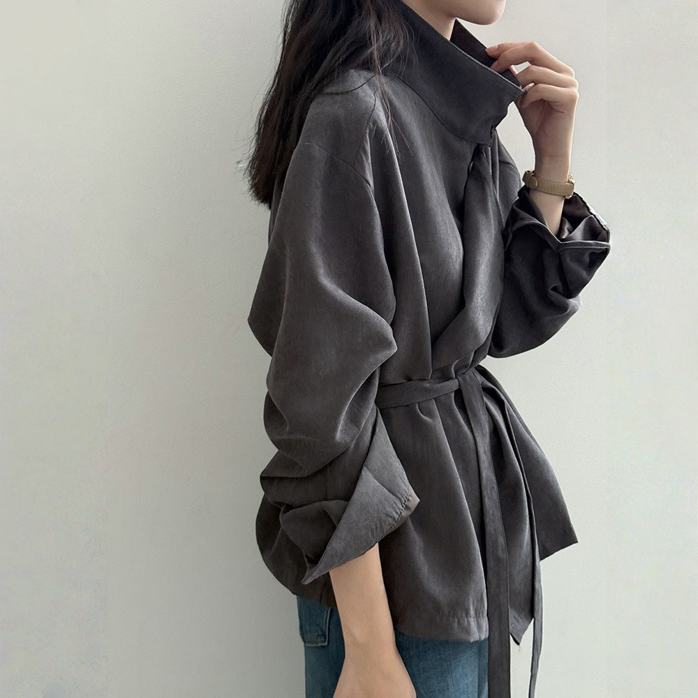 【トップス】春 秋 冬 ハイネック ウエストベルベット調 リボン シャツ 【JZシリーズ】