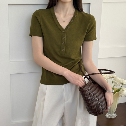 【トップス】Vネック ニットトップス レディース 春新作 半袖 フィット 体型カバー きれいめ カジュアル【JZシリーズ】