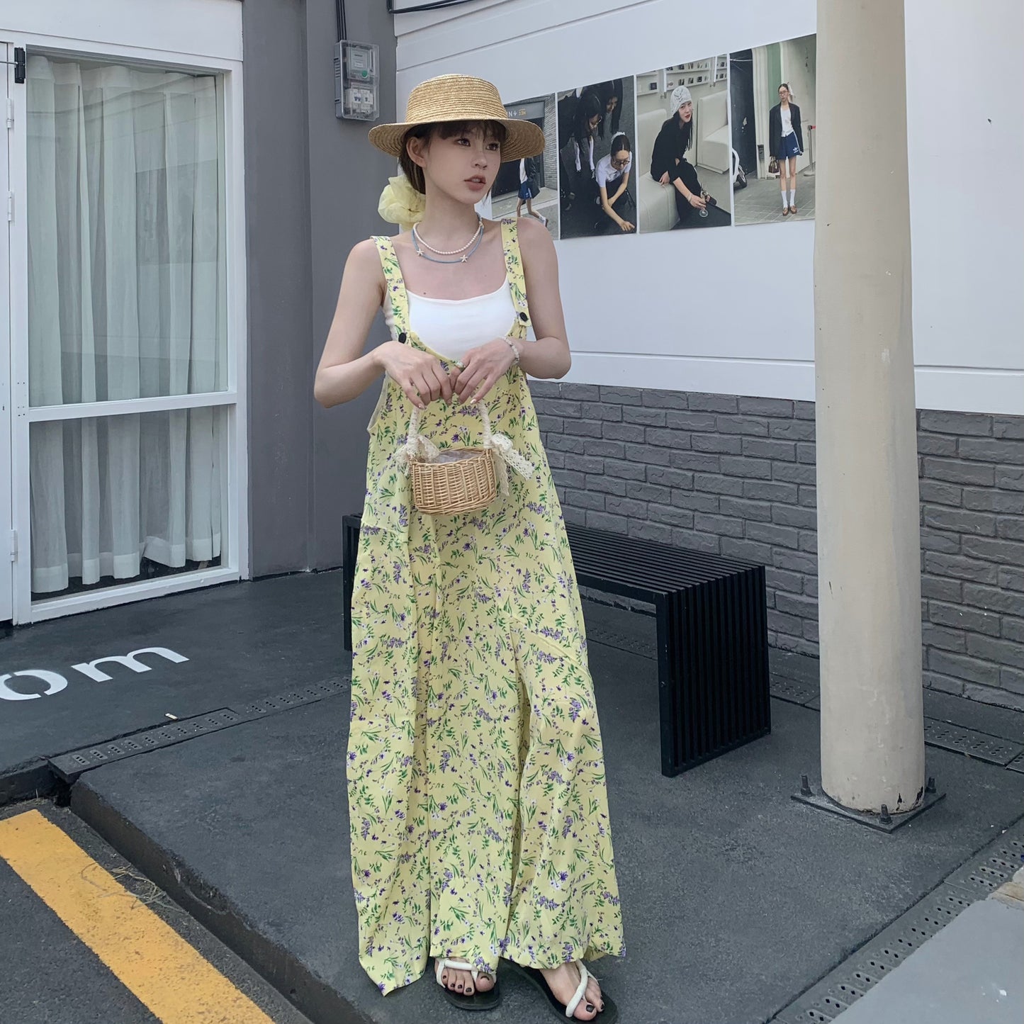 【ボトムス】夏新作 清涼感たっぷり  淡レモンカラー Vネック オーバーサイズサロペット オールインワン【SHシリーズ】