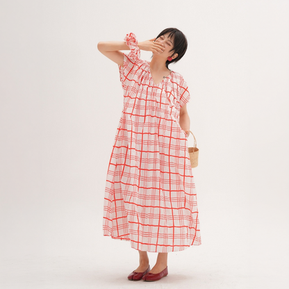 【ワンピース】チェック柄 Vネック ネックリボン付き ウエストマーク リゾート風 半袖 ワンピース 【JZシリーズ】