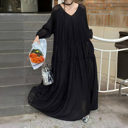 【ワンピース】7カラー 夏 韓国風 ゆったり 大きめサイズ ロング丈 無地 長袖ワンピース