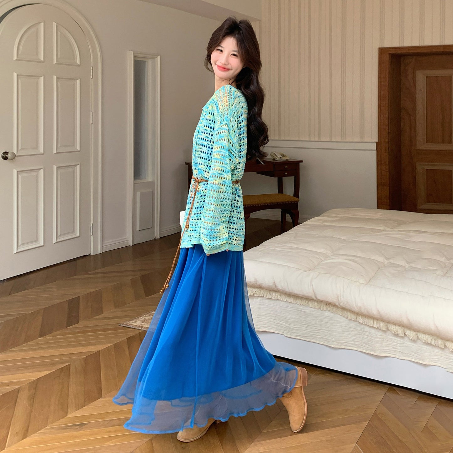 2点セット！【セットアップ】この透け感がたまらない…♡ 透かしカバーアップ×ノースリーブワンピース セット リゾートコーデ 体型カバーも◎【JZシリーズ】