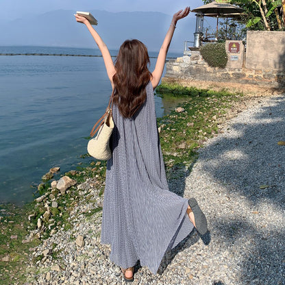 【ワンピース】韓国風 千鳥格 ノースリーブワンピース レディース 夏 大きめ裾 ロング丈 高見え【SHシリーズ】