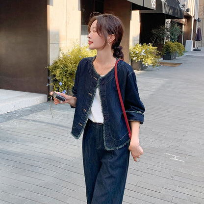 2点セット！【セットアップ】春秋 細見えセットアップ レディース フリンジデニムジャケット＋ワイドパンツ 上下セット【JZシリーズ】