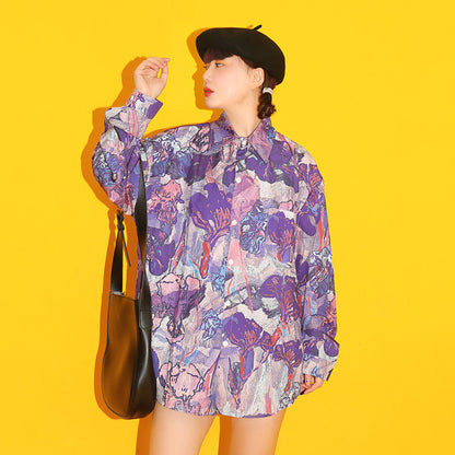 【トップス】フラワープリント ヴィンテージシャツ 港風 古着風 長袖 花柄 トップス デザイン感【SHシリーズ】