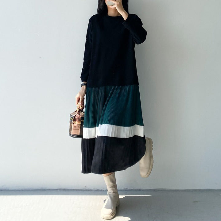 【24AW】【15～20日内発送】【ワンピース】フェイクツーピース 大きいサイズ プリーツ 長袖ワンピース