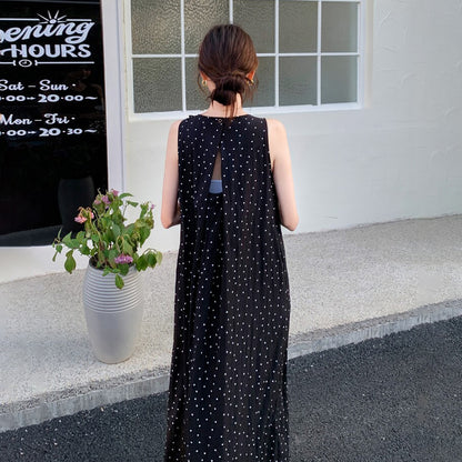 【ワンピース】バックオープン ドットワンピース 夏 ヘップバーン風 ユニークデザイン ノースリーブワンピース【SHシリーズ】