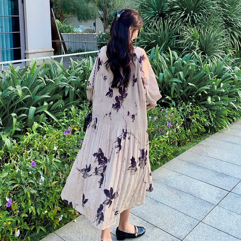 ワンピース】ボディラインを美しく見せる レトロ 花柄 プリーツ