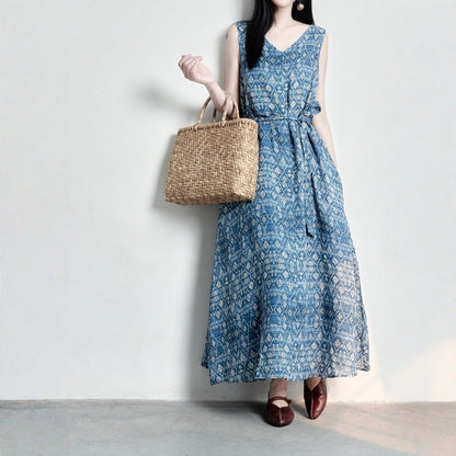 【ワンピース】Vネック レトロ プリント ノースリーブ ワンピース 【SHシリーズ】