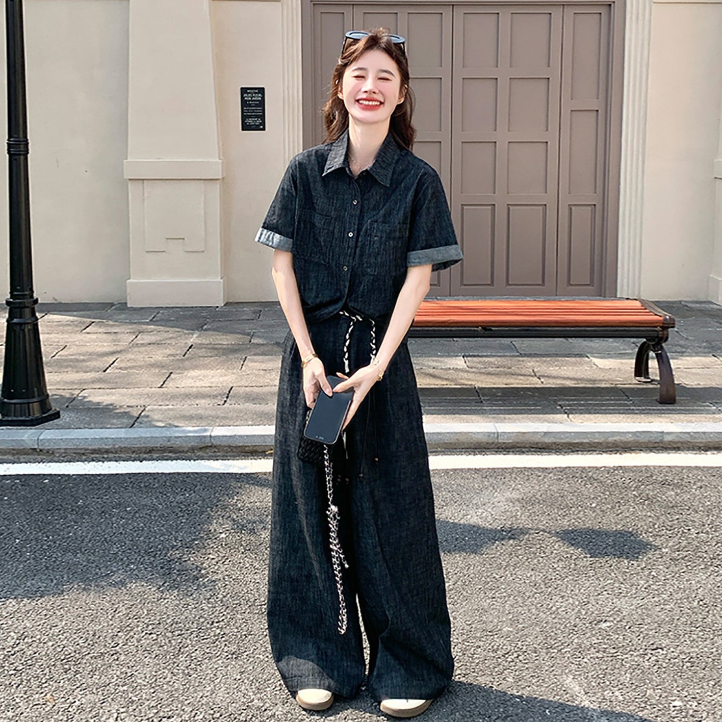 2点セット！【セットアップ】韓国風 ヴィンテージデニム シャツ＋ワイドパンツ 上下セット ゆったり リラックス感 カジュアル【JZシリーズ】