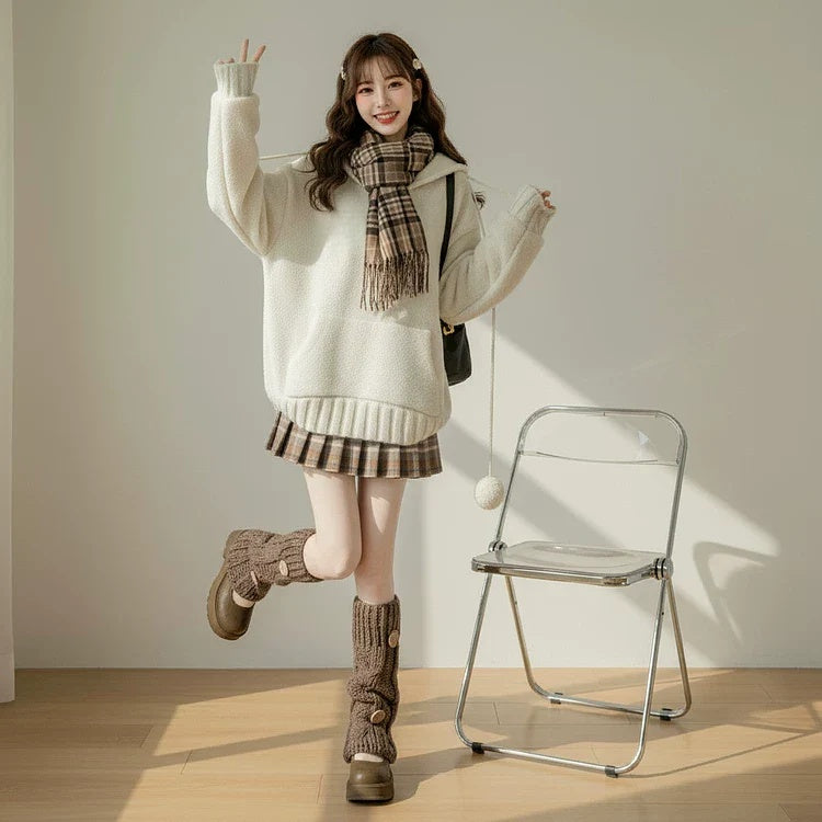 【セットアップ】無地 ホワイト セーター + プリーツ ショート スカート 2点上下セット 【JZシリーズ】