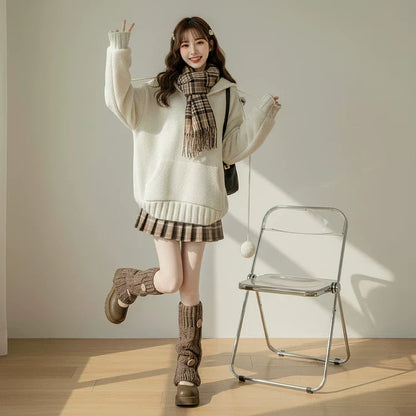 【セットアップ】無地 ホワイト セーター + プリーツ ショート スカート 2点上下セット 【JZシリーズ】