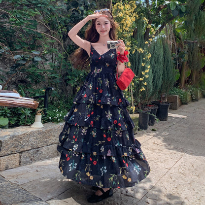 【ワンピース】リゾート風 キャミワンピース レディース 夏 フリルデザイン ノースリーブ 花柄 ティアードワンピース【SHシリーズ】