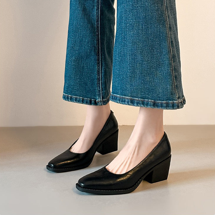 【シューズ】新作 シンプル 太ヒール ソフトレザー 7cm ハイヒール レディース スクエアトゥ 気品あふれる 通勤用 靴 パンプス