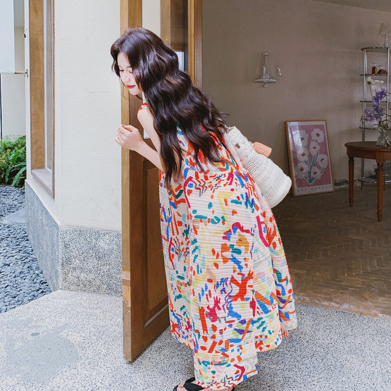 【ワンピース】アート風 グラデーション グラフィティプリント ノースリーブワンピース レディース 夏新作 若見え ゆったり キャミワンピース【SHシリーズ】