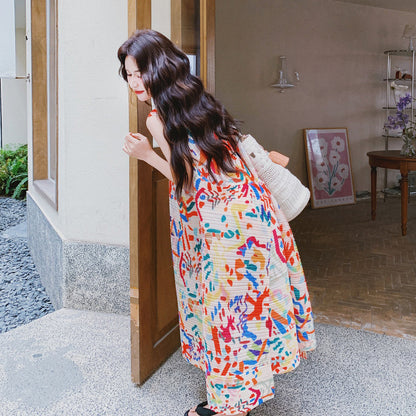 【ワンピース】アート風 グラデーション グラフィティプリント ノースリーブワンピース レディース 夏新作 若見え ゆったり キャミワンピース【SHシリーズ】