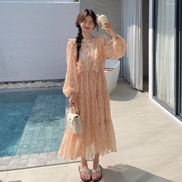 【ワンピース】フレンチ風フリル花柄 長袖ワンピース 細見え フェミニン ロングドレス 爆発ヒット【SHシリーズ】