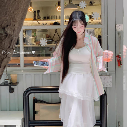 【アウター】リボンストライプ UVカットシャツ 春夏 韓国風 ゆったり スイート【SHシリーズ】