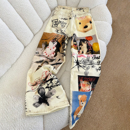 【ボトムス】アメリカンストリート ヴィンテージ加工 グラフィティプリント ウォッシュド ワイドデニムパンツ ユニセックス【SHシリーズ】