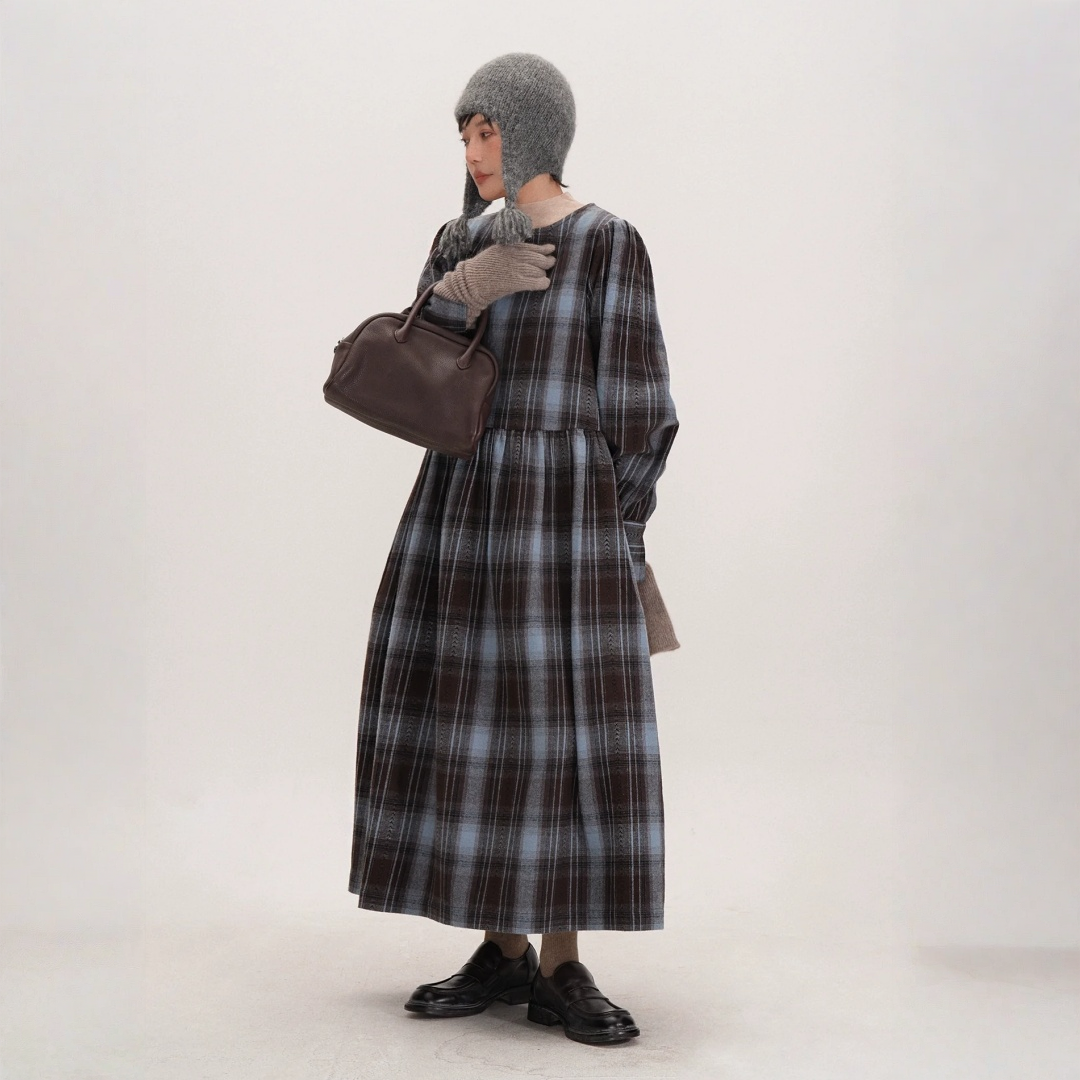 【ワンピース】起毛素材 チェック柄 レトロ クルーネック 長袖 ワンピース 【JZシリーズ】