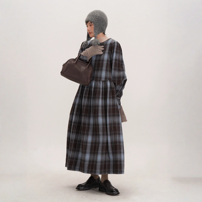 【ワンピース】起毛素材 チェック柄 レトロ クルーネック 長袖 ワンピース 【JZシリーズ】