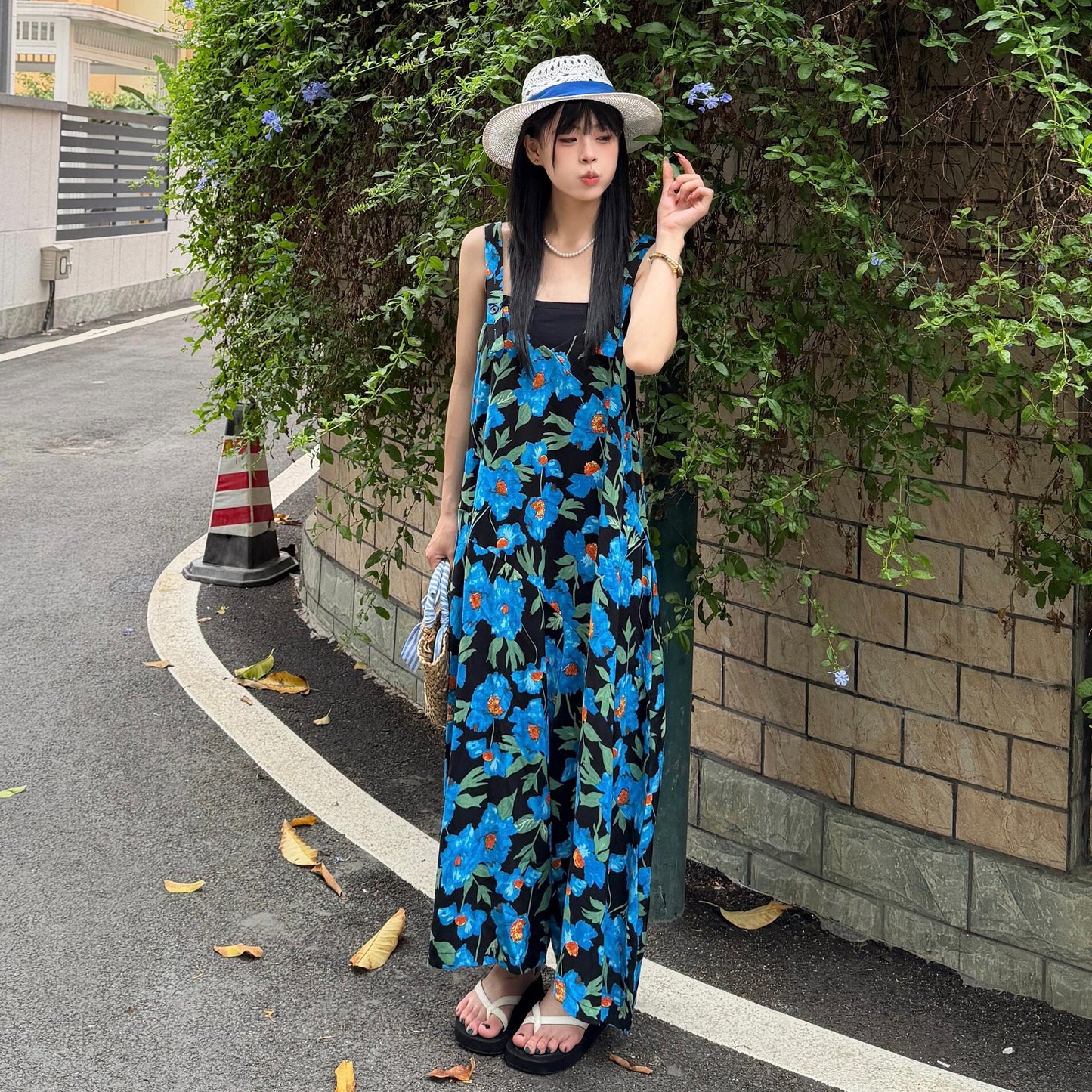 【ボトムス】アイリス柄 サロペット レディース 夏 ワイドパンツ ゆったり 体型カバー オールインワン リラックスコーデ 人気【SHシリーズ】