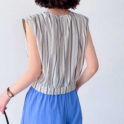 【トップス】ストライプ柄 ノースリーブ シャツ デザイン性あり 個性派 カジュアル ブラウス【JZシリーズ】