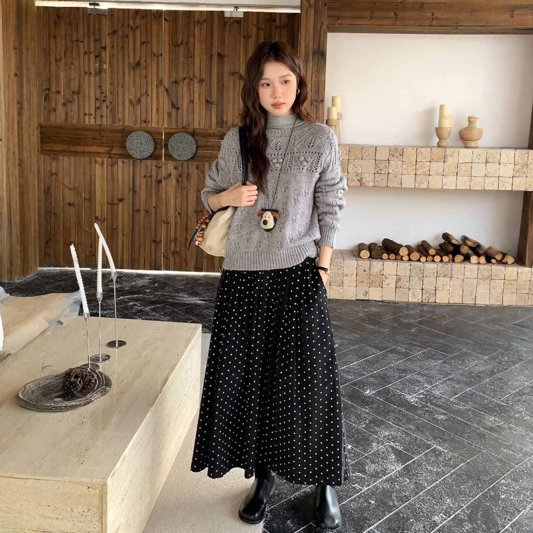 【ボトムス】ドット柄 雑誌風コーデ 春 秋 冬 ミディアムロング スカート 【SHシリーズ】