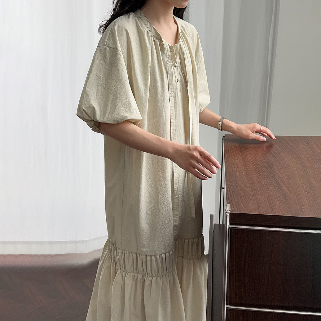 【ワンピース】韓系リボン付きパフスリーブ 細見え 切り替え 半袖ワンピース 【JZシリーズ】