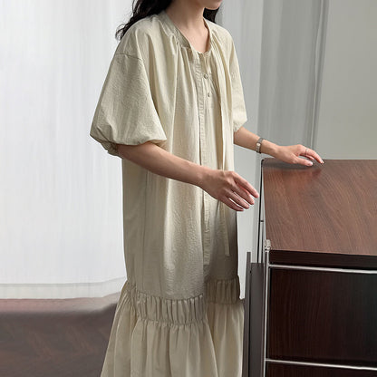 【ワンピース】韓系リボン付きパフスリーブ 細見え 切り替え 半袖ワンピース 【JZシリーズ】