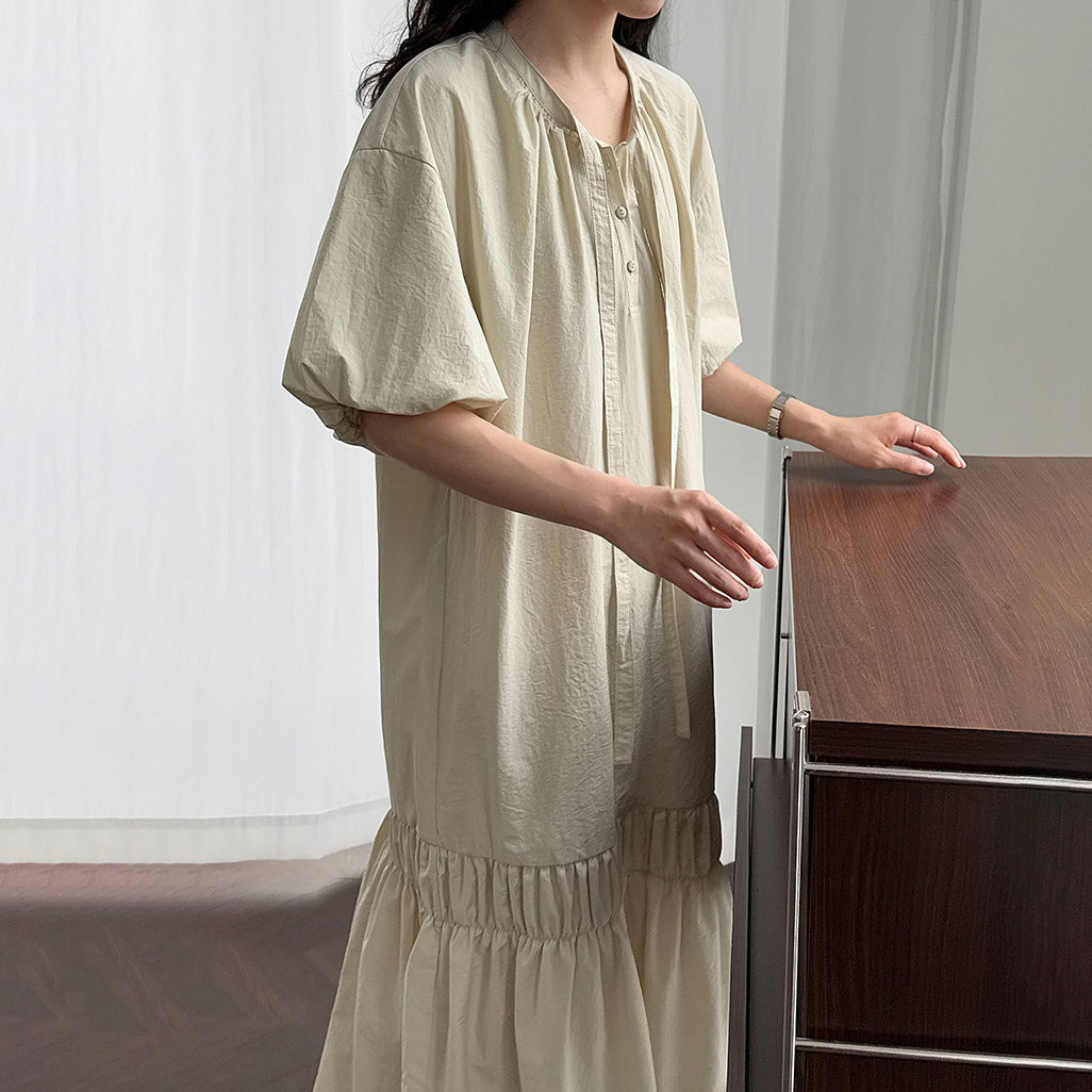 【ワンピース】韓国風 リボン付き パフスリーブ バルーンシルエット ロングワンピース 夏 着痩せ効果 半袖ドレス【JZシリーズ】